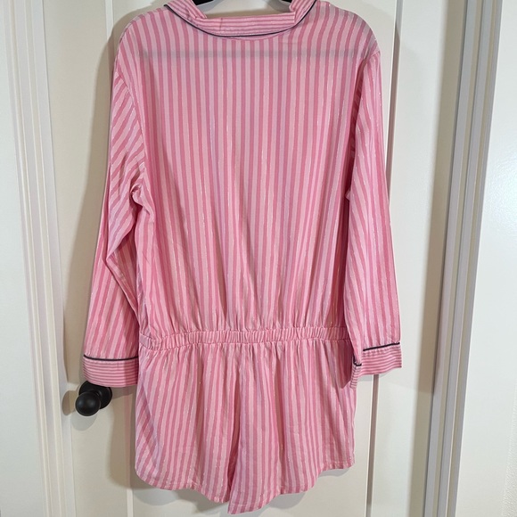 Like New Victoria Secret Flannel Pajama Sleep Romper Pink Striped - Picture 6 of 7